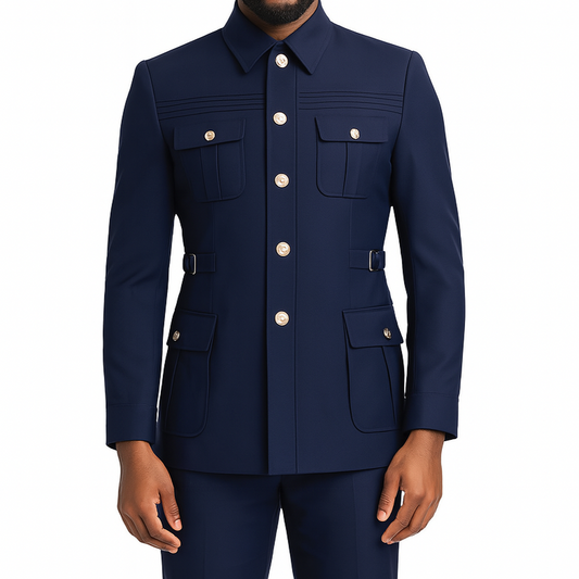 Man wearing a navy blue jacket with white buttons on a white background